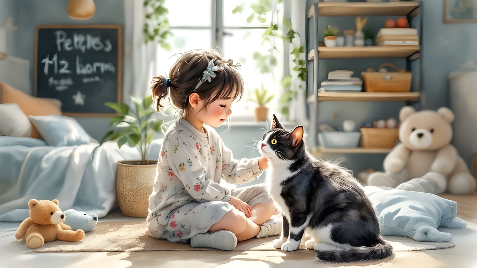 Filipina Girl and Tuxedo Cat in Watercolor Style