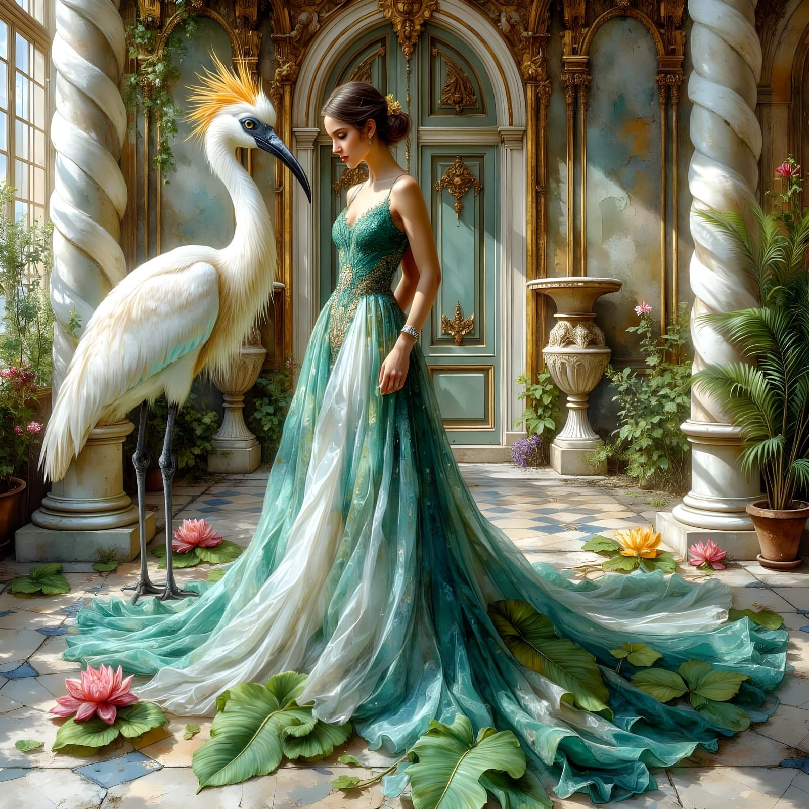 Woman and Teal Bird in Ornate Ballroom