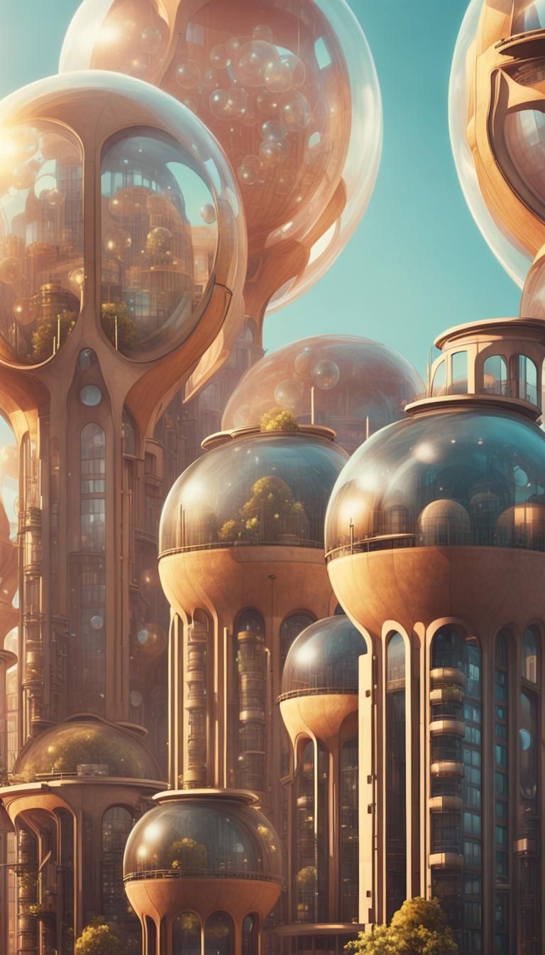 Utopian Solarpunk Vertical Cityscape in 70s Style