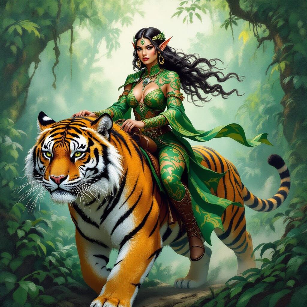 Wood Elf Rides Tiger Through Jungle