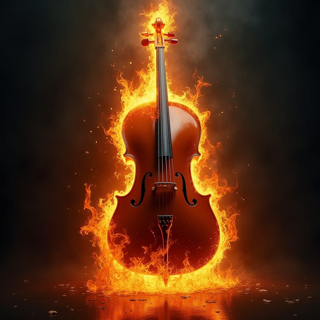 Cello Transformed by Dancing Flames in a Dark, Mysterious Sc...