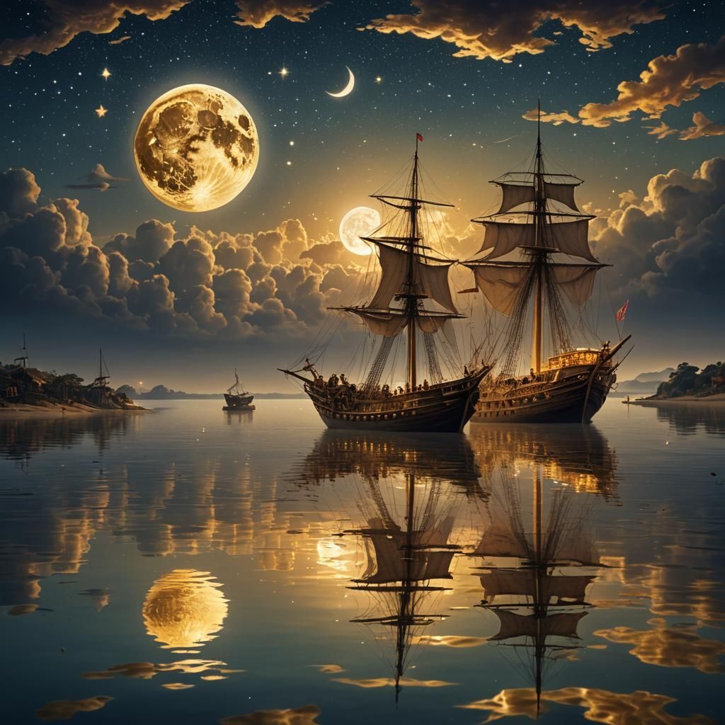 Man's Reflection in Golden Ocean at Night