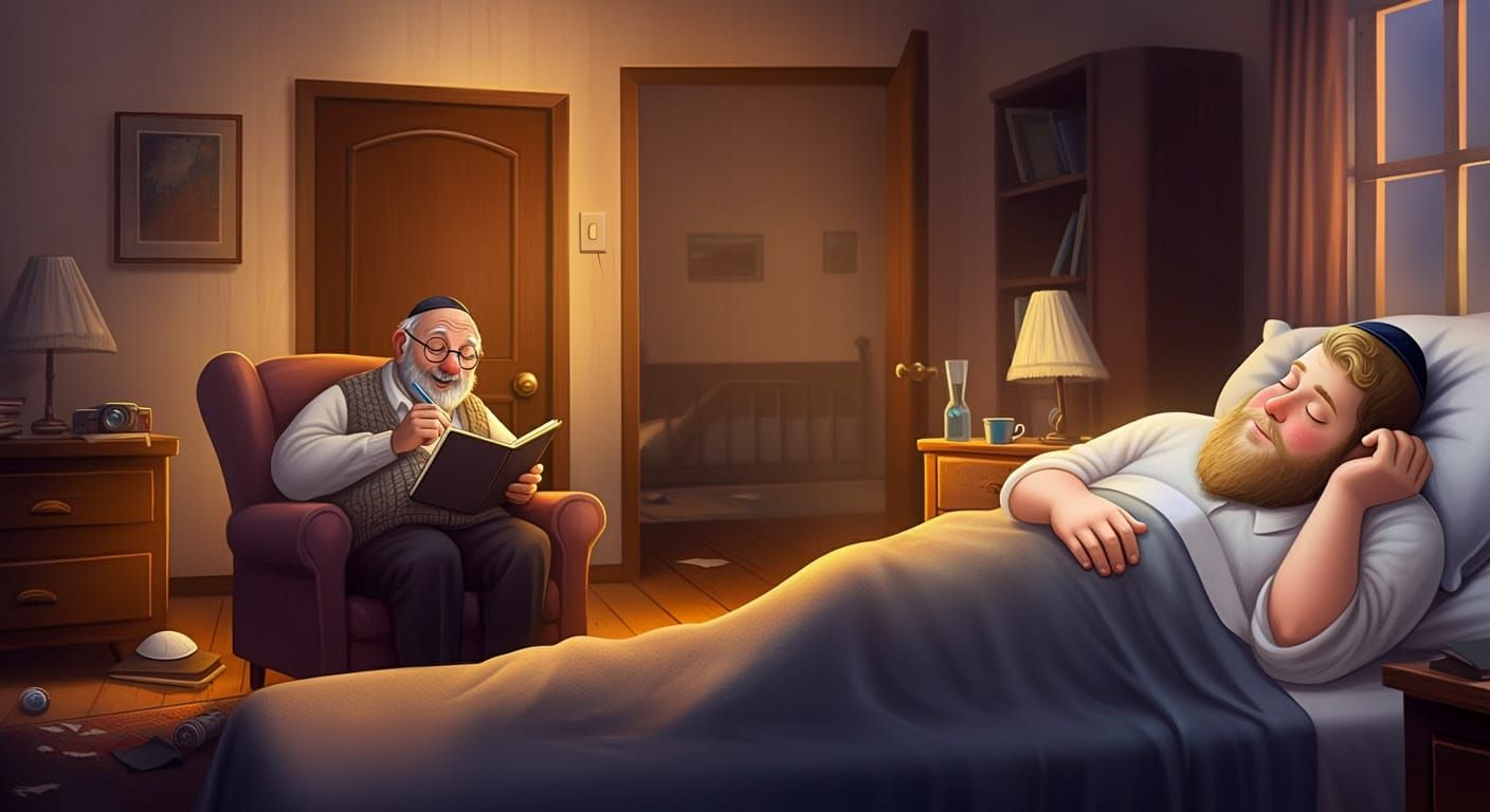 Comical Hasidic Family Scene in a Cozy Bedroom