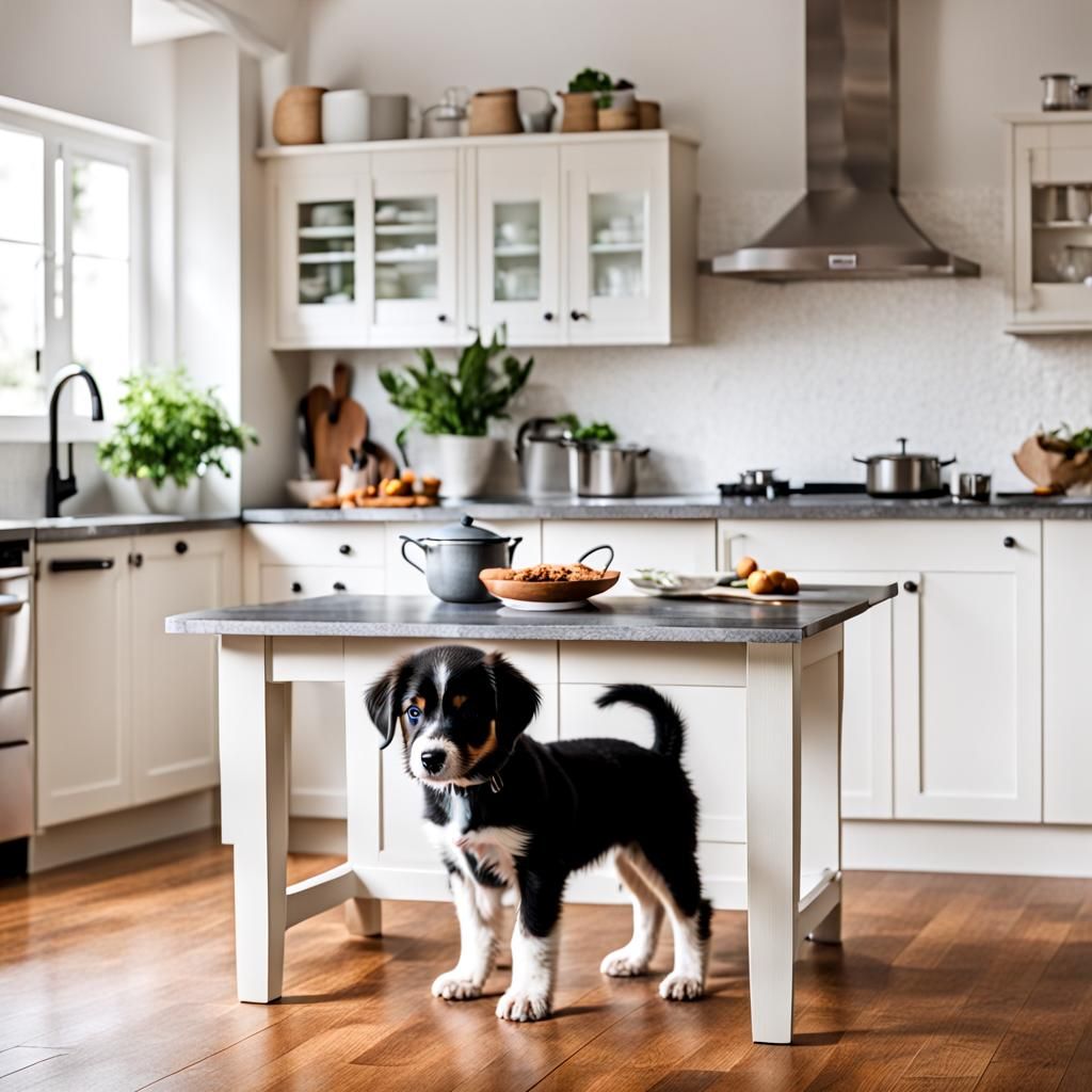 Puppy Standing Under a Kitchen Table