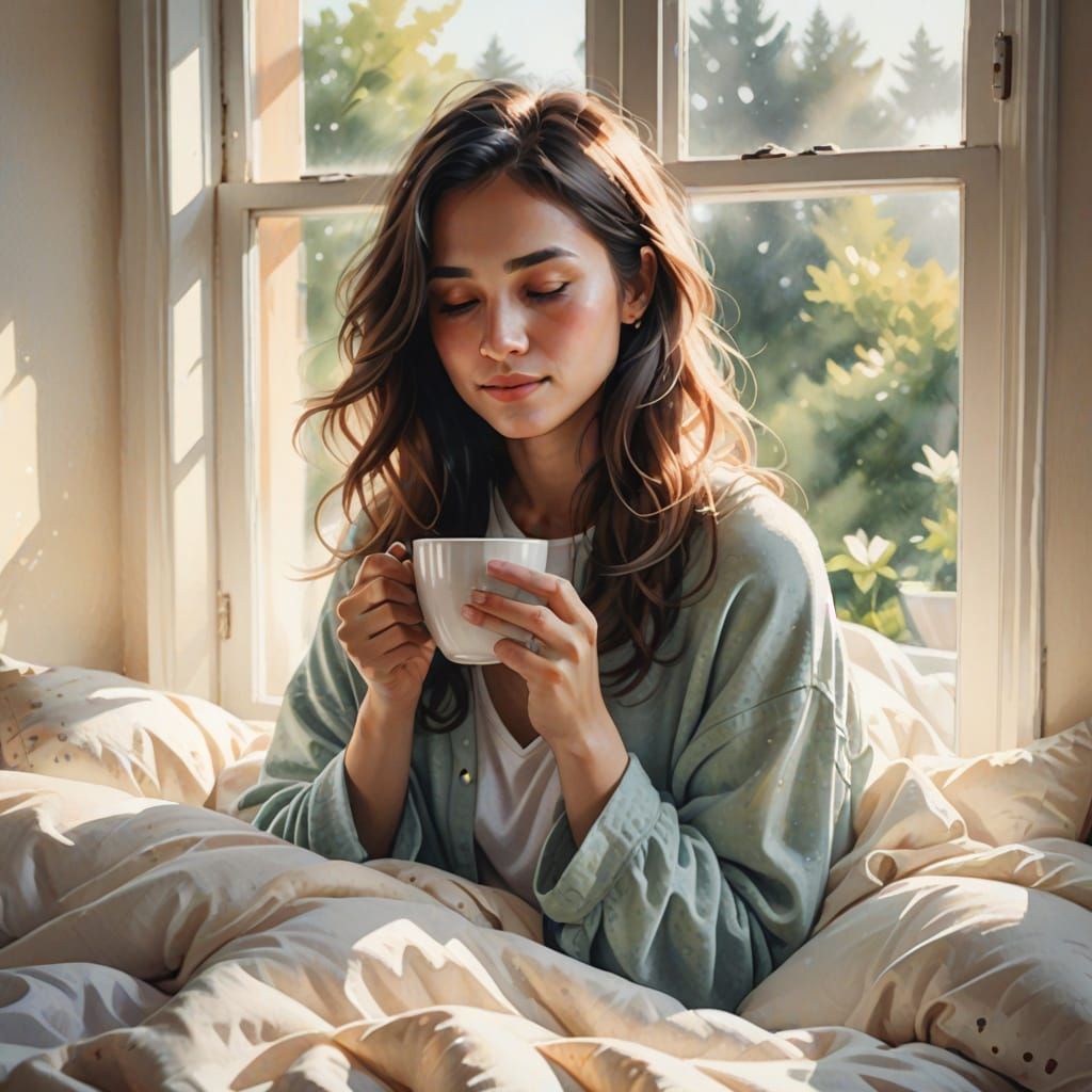 Woman Drinking Coffee in Bed, Watercolor Style