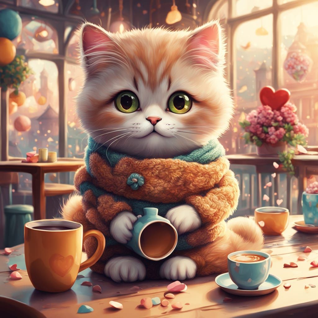 Chibi Valentine's Day Cat in Whimsical Coffee Shop