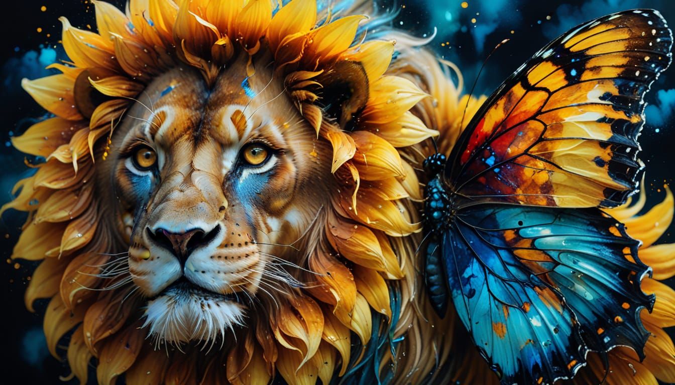Lion-Butterfly Hybrid Perched on Sunflower: Alcohol Ink Art