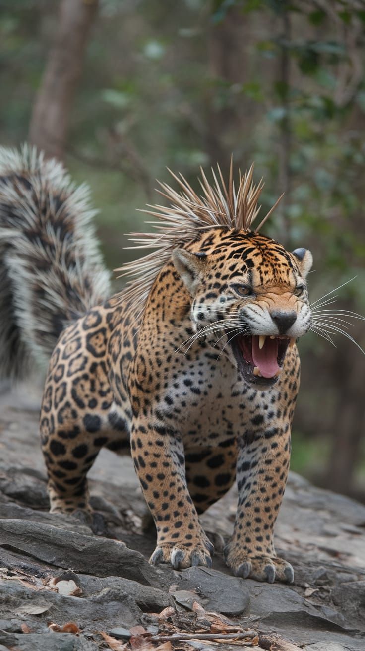 Hybrid Jaguar-Porcupine Creature on Rocky Terrain