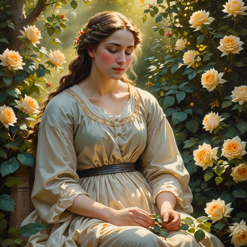 Serene Woman in Garden: Oil Painting Masterpiece