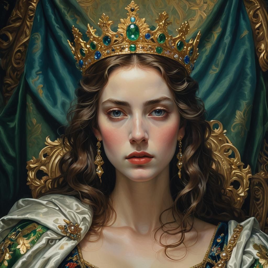 Gemstone Crowned Woman in Opulent Oil Painting
