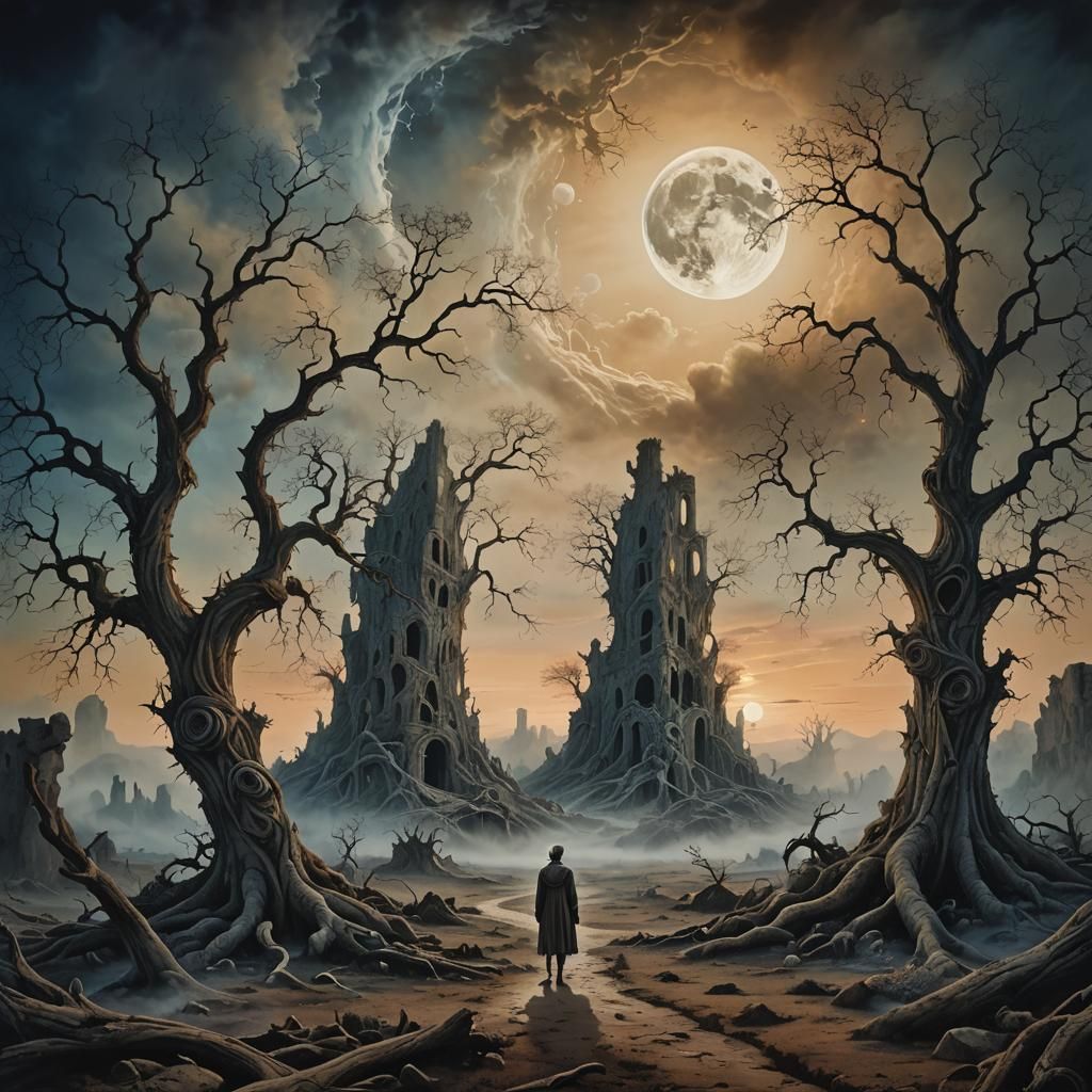 Surreal Lone Figure in Desolate Dreamscape