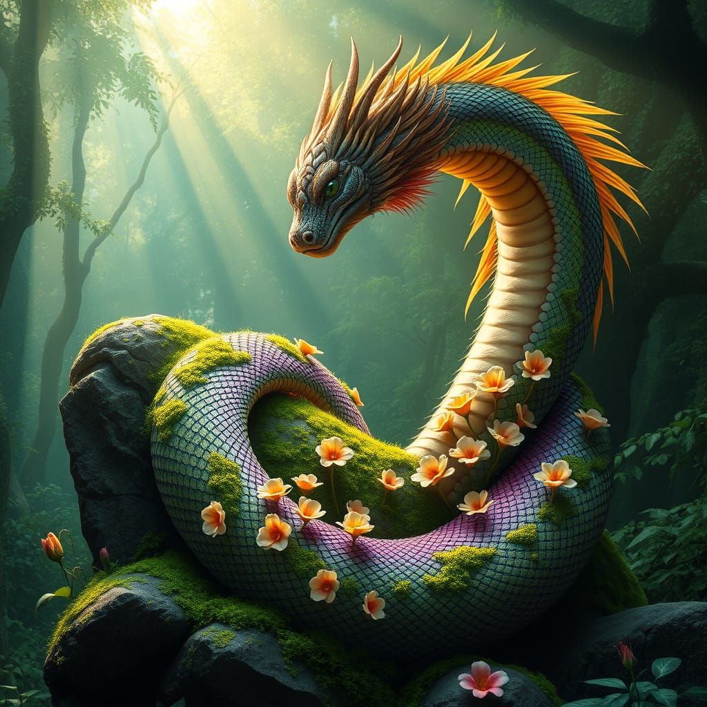 Majestic Feathered Serpent with Iridescent Plumage and Swirl...