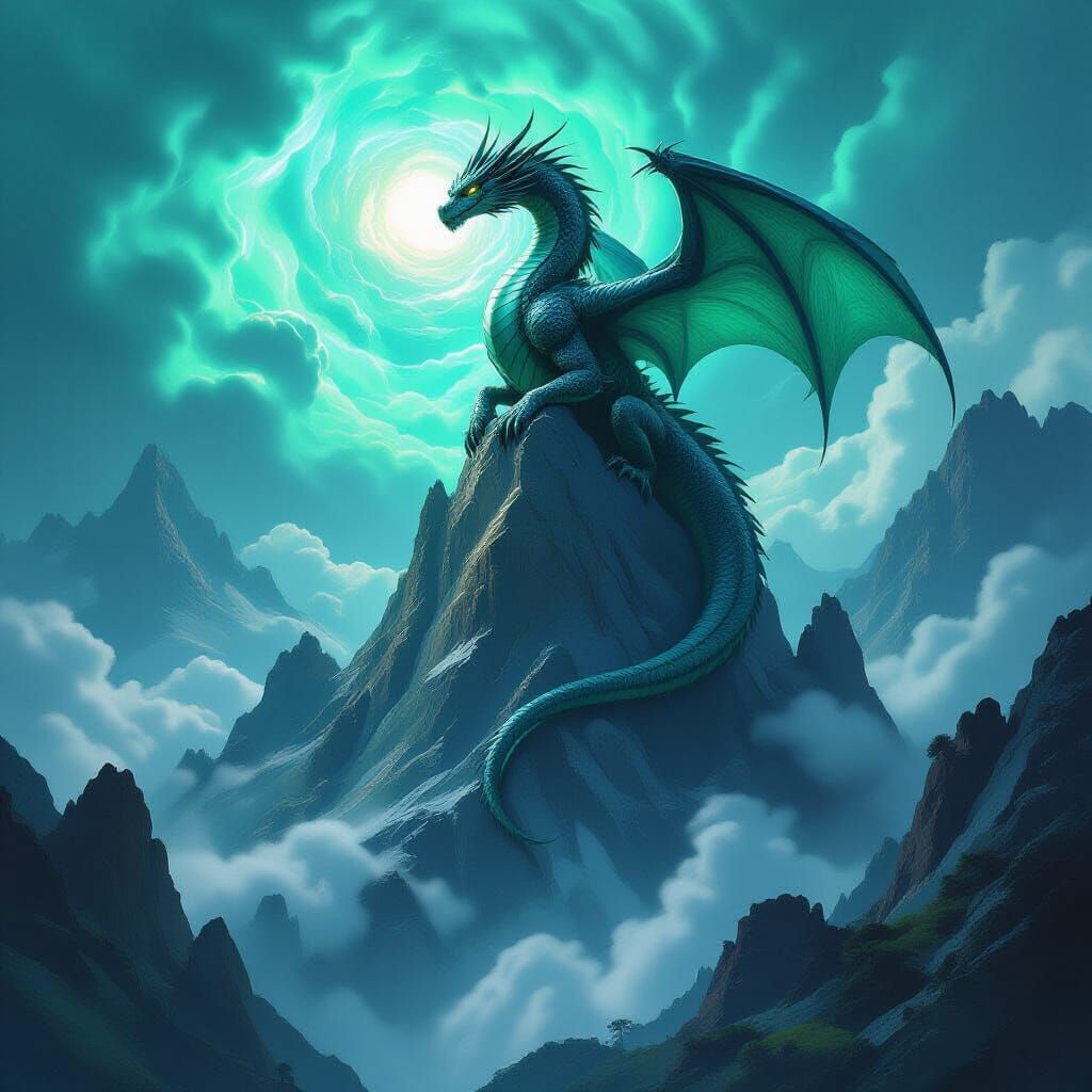 Ancient Obsidian Dragon on Crystal Mountain Above Nebula