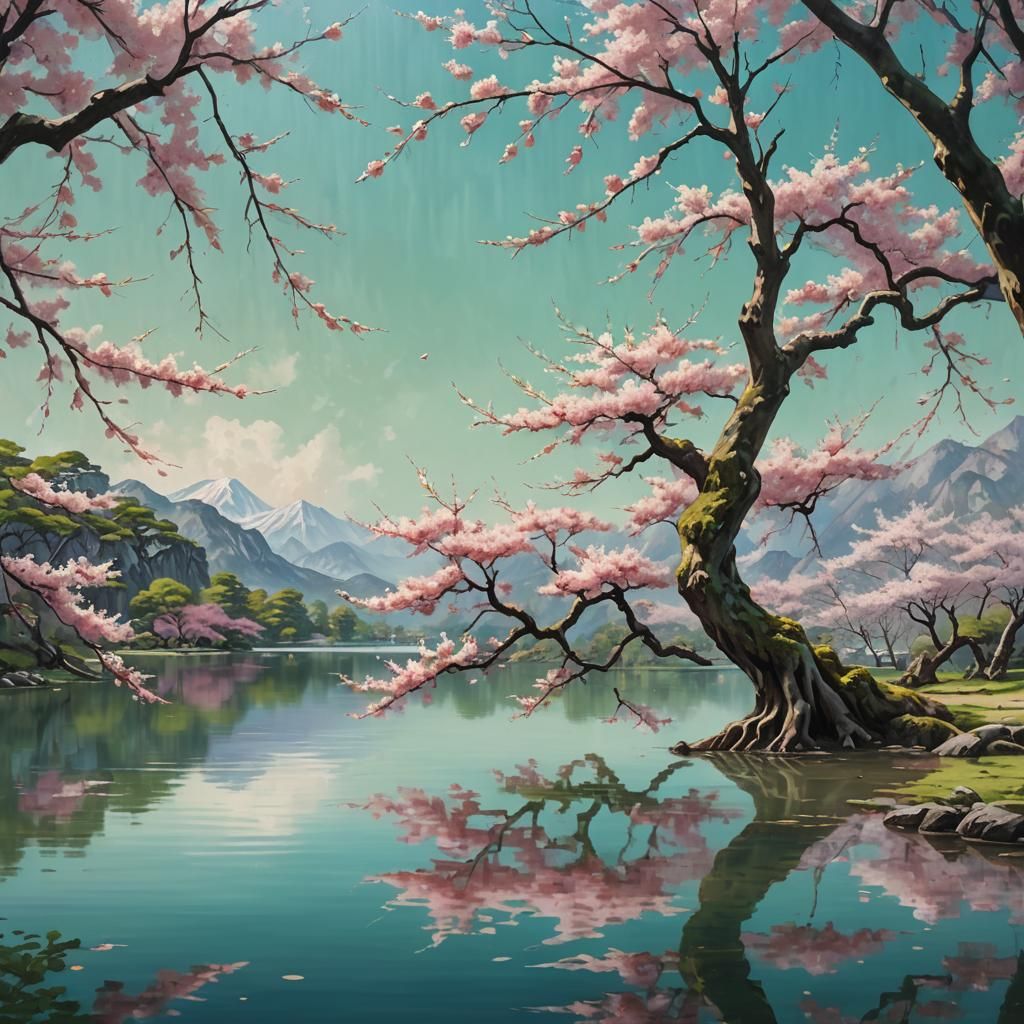 Sakura Tree in Lake: Hyper-Realistic Meets Oil Painting