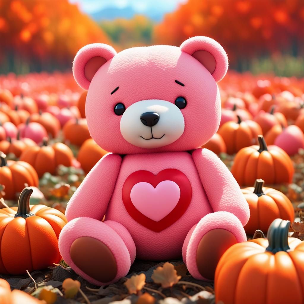 Pink Teddy Bear and Action Figure in Pumpkin Patch