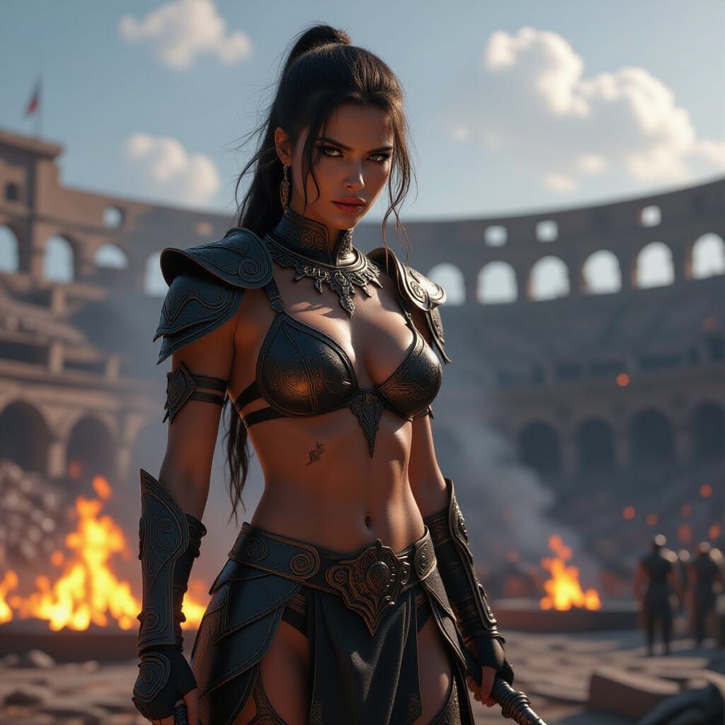 Obsidian Armored Warrior Queen on Burning Colosseum