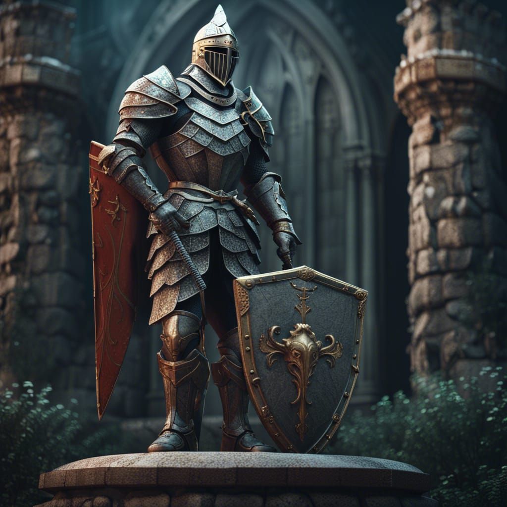 Stone Knight Statue with Shield and Sword