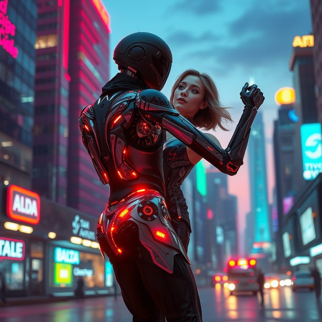 Futuristic Robot Dance in Neon Cityscape