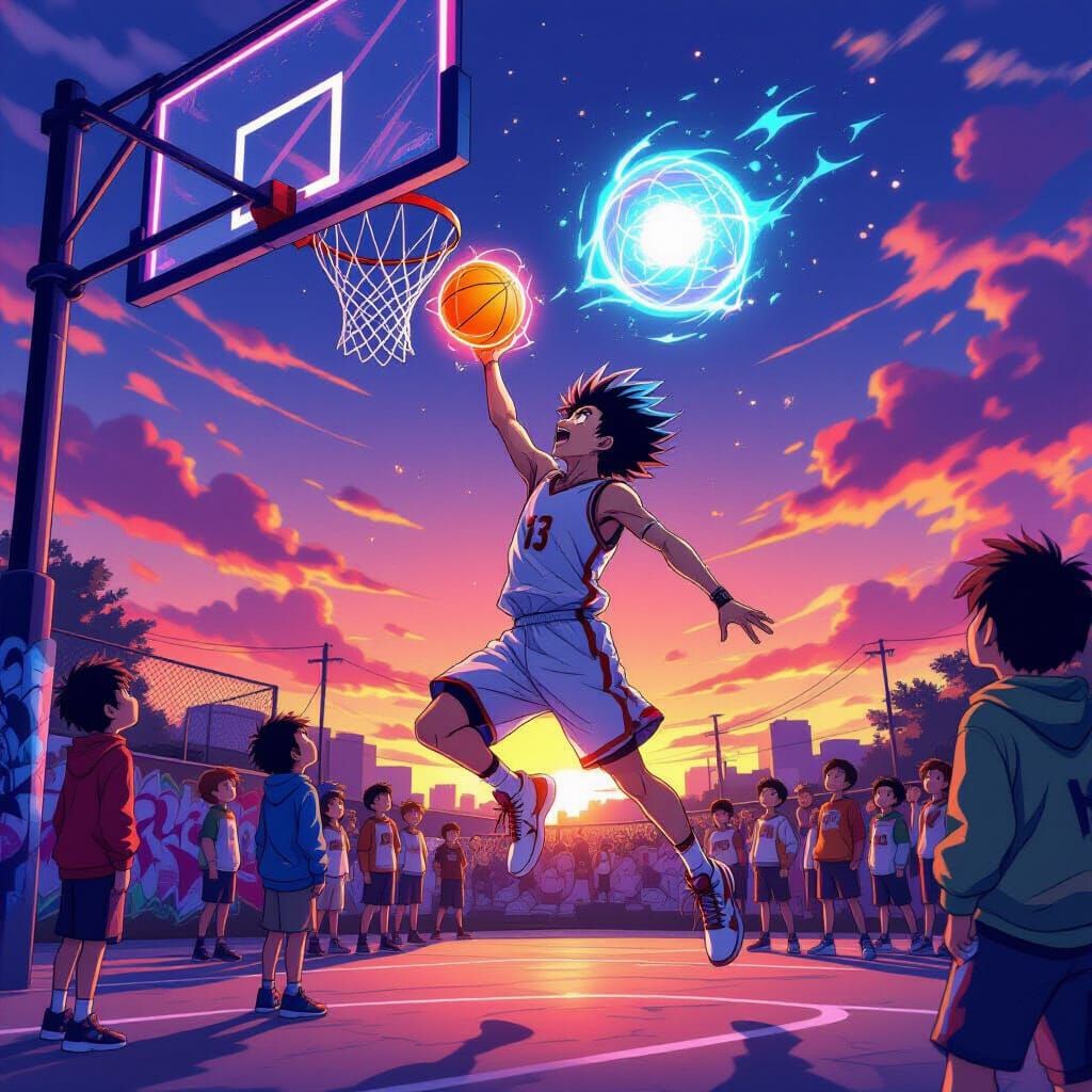 Anime Basketball Player Slam Dunk Under Sunset Sky