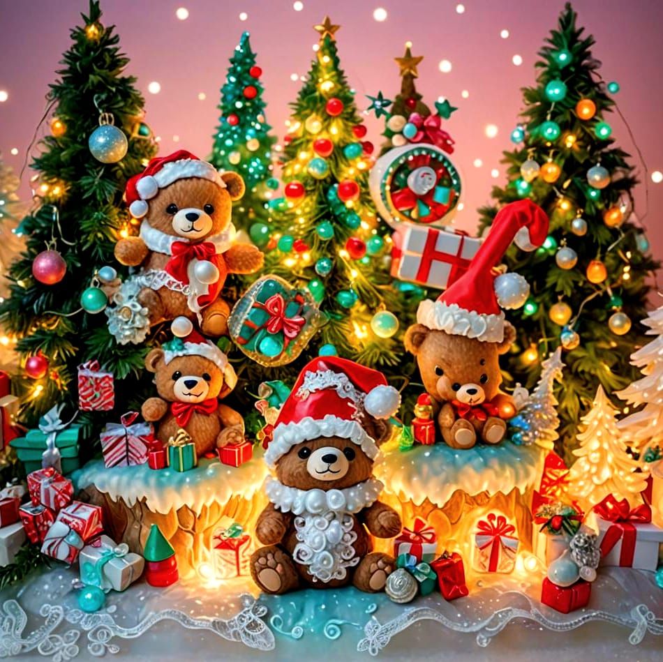 Cute Chibi Bear with Christmas Gifts in Candy Art