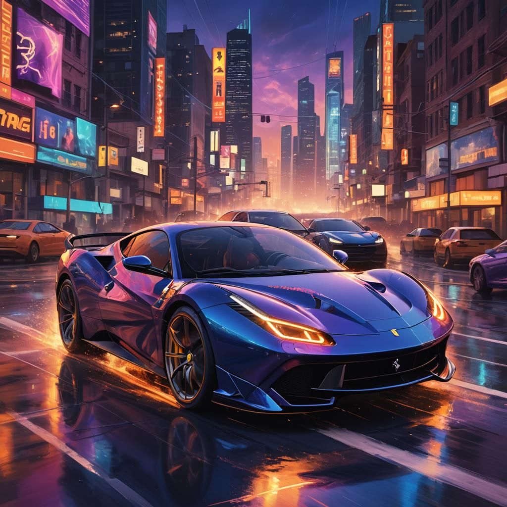 Electrified Ferrari Sparks in Futuristic Cityscape