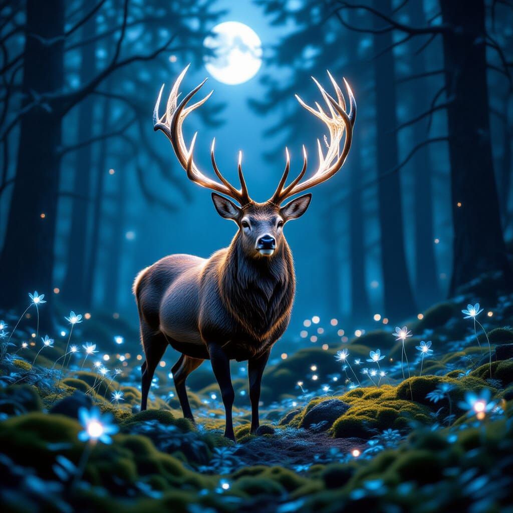 Crystal Antler Stag in Bioluminescent Forest