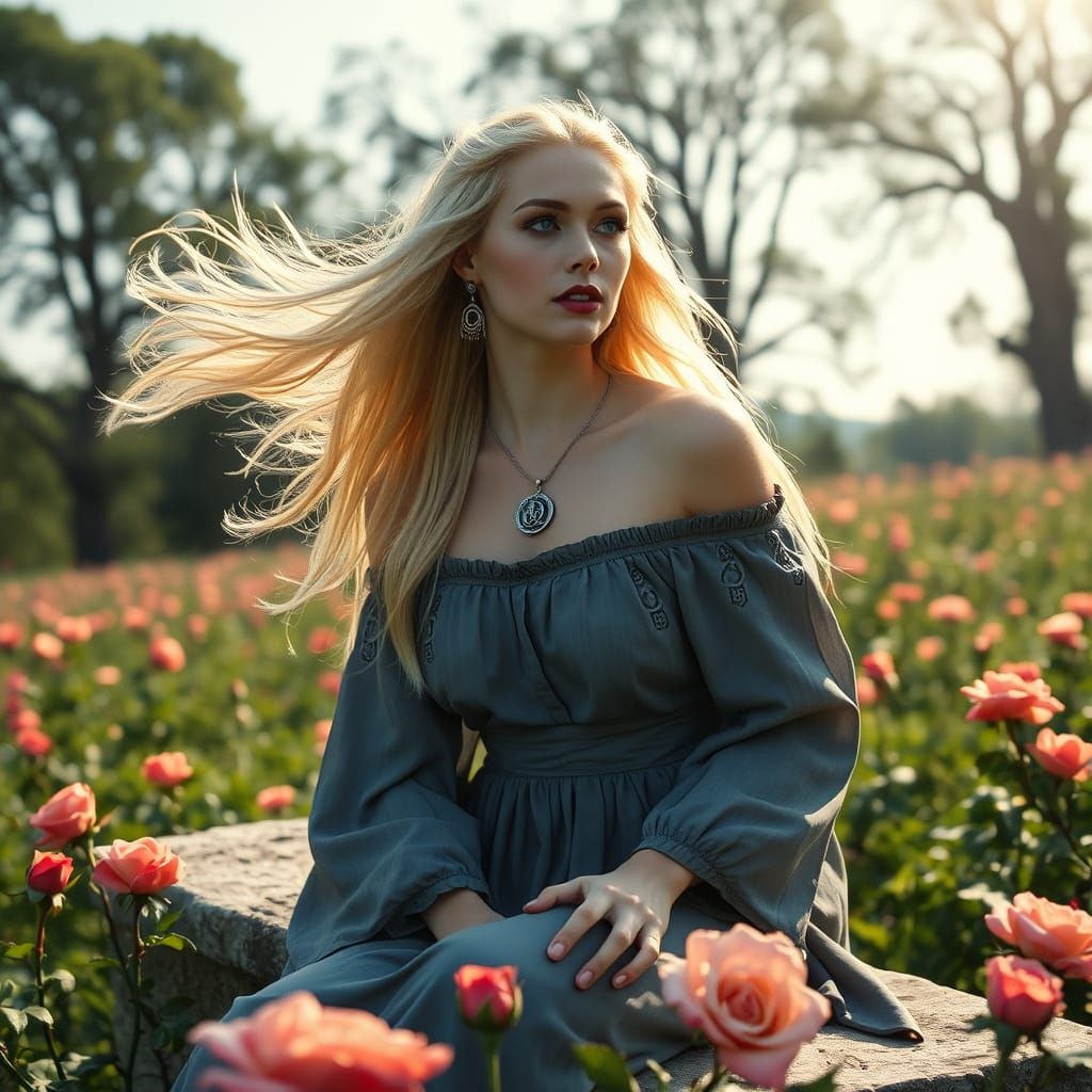 Goddess with Flowing Hair in Lush Meadow