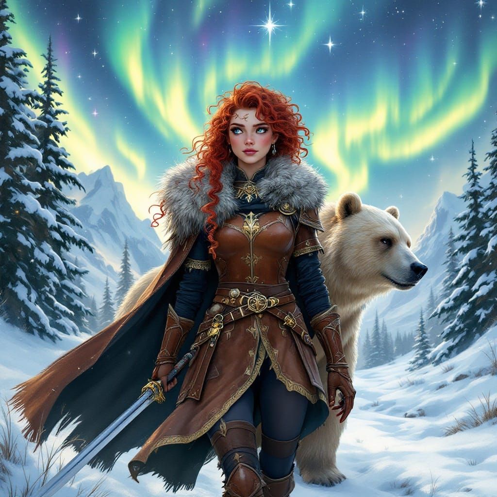 Strong Northern Princess Walks Proudly with Her Bear