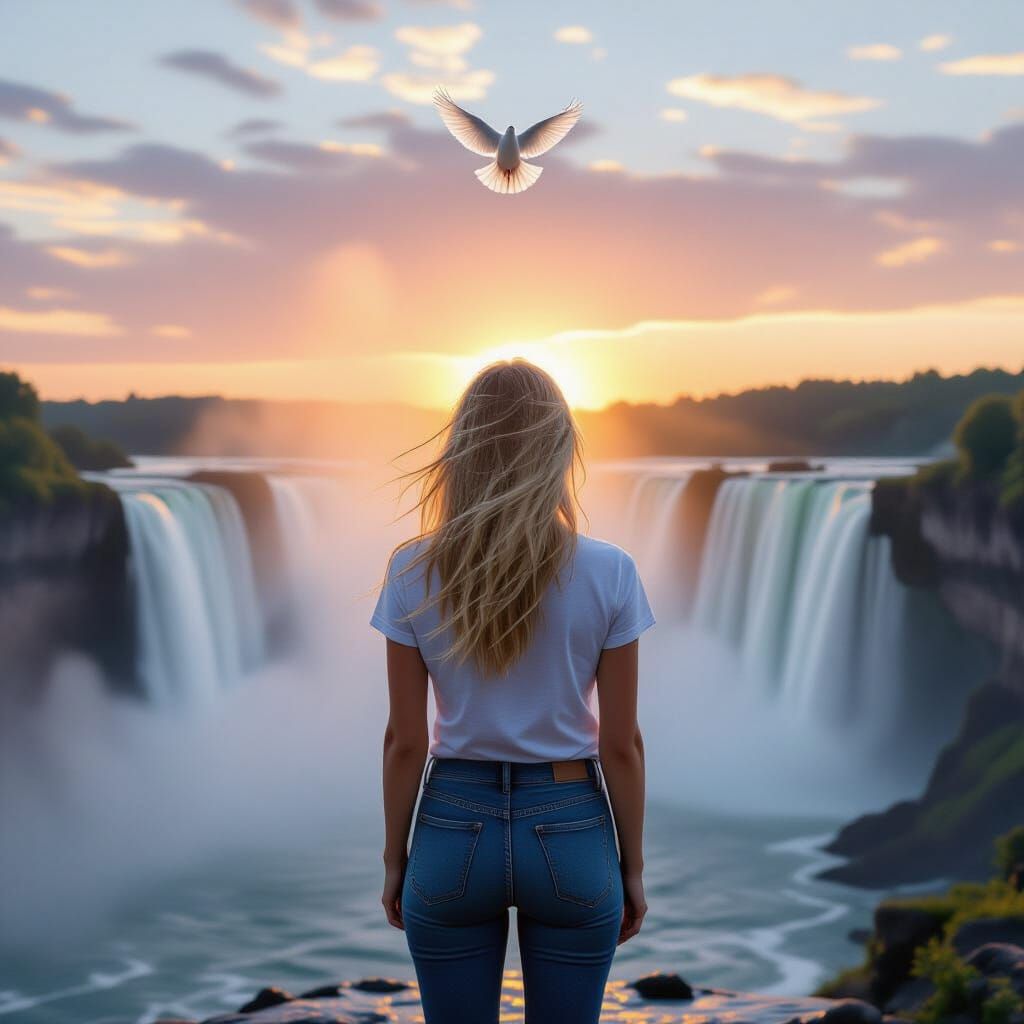 Sunrise Waterfall Serenity with Dove