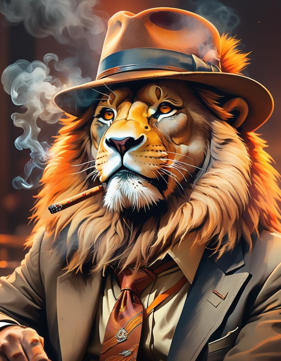 Lion Smoking Cigar in Orange Sky, Splash Art Style