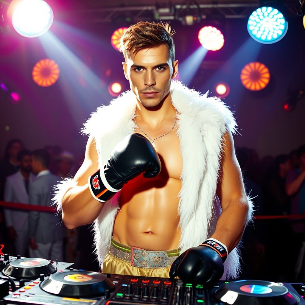 Boxer DJ at Disco Boxing Party in Pop Art Style