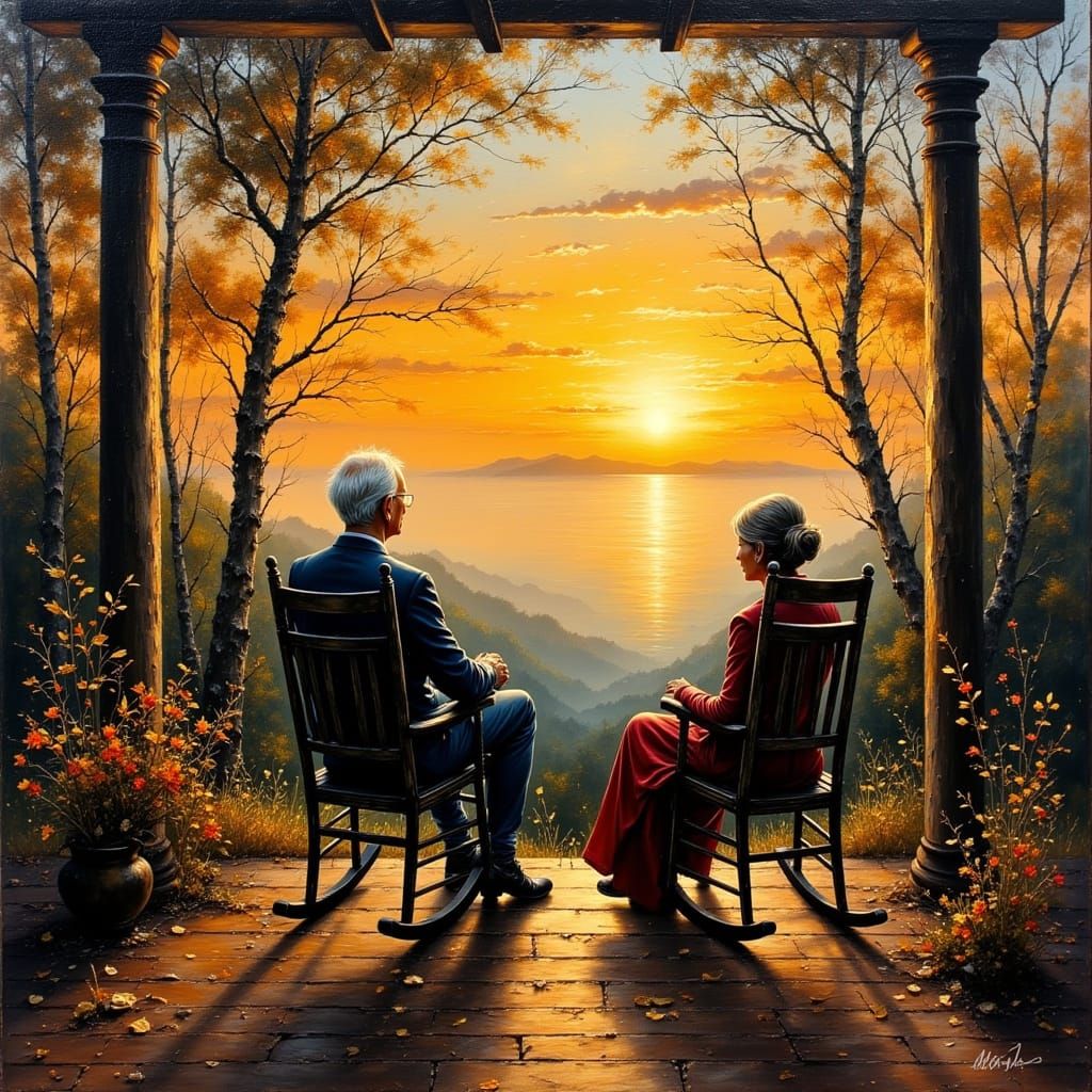 Elderly Couple Observes Sunset on Porch