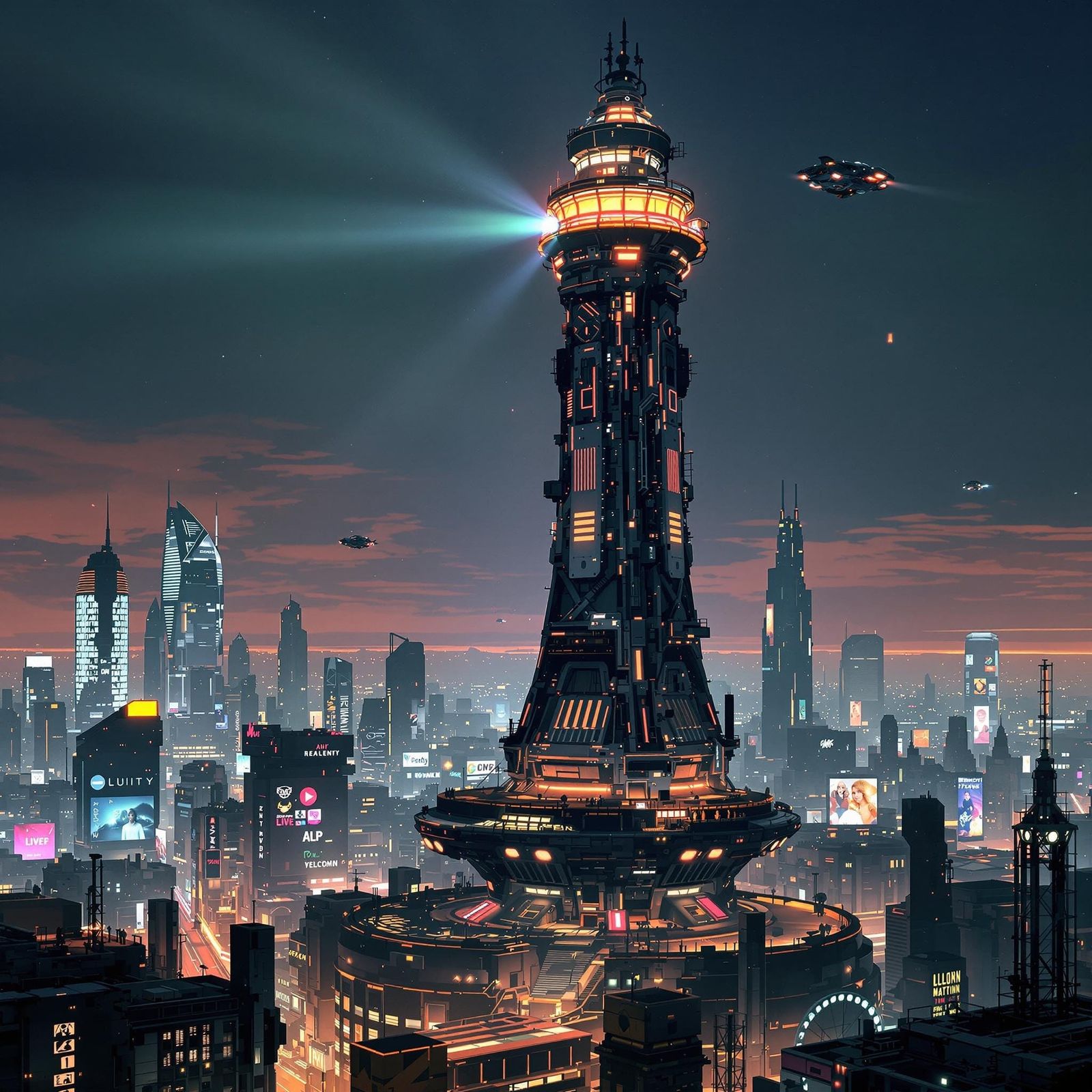 Futuristic Lighthouse in Cyberpunk Cityscape