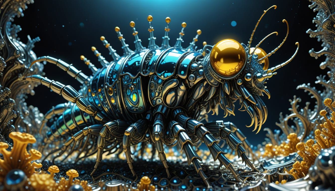 Fractal Mantis-Shrimp Crawls Through Metallic Chrome Landsca...