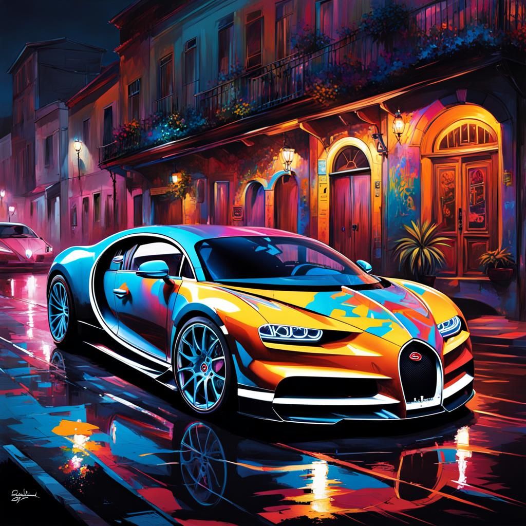 Slammed Bugatti Chiron at Night in Graffiti Art