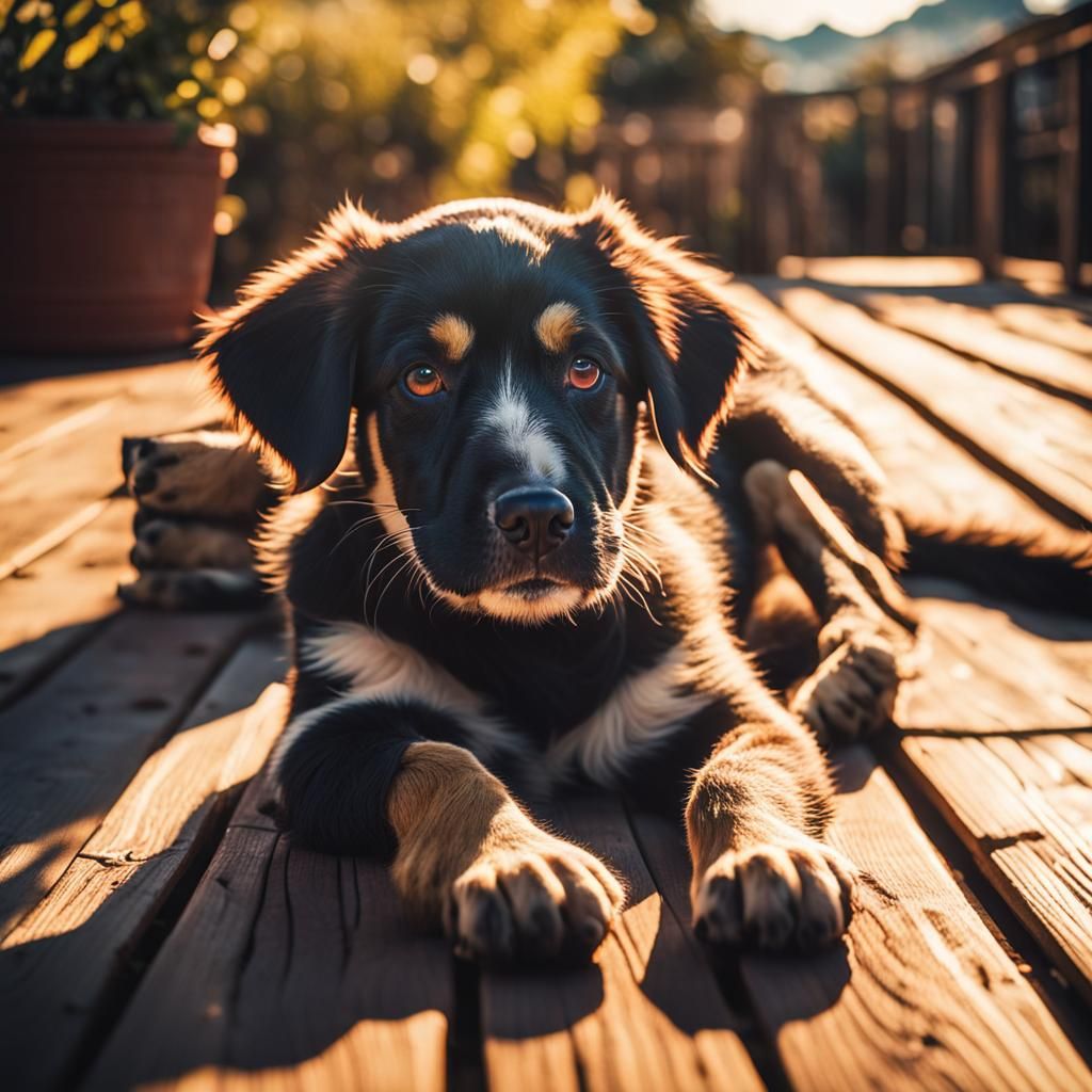 Content Puppy in Warm Sunlight: Cinematic Film Still