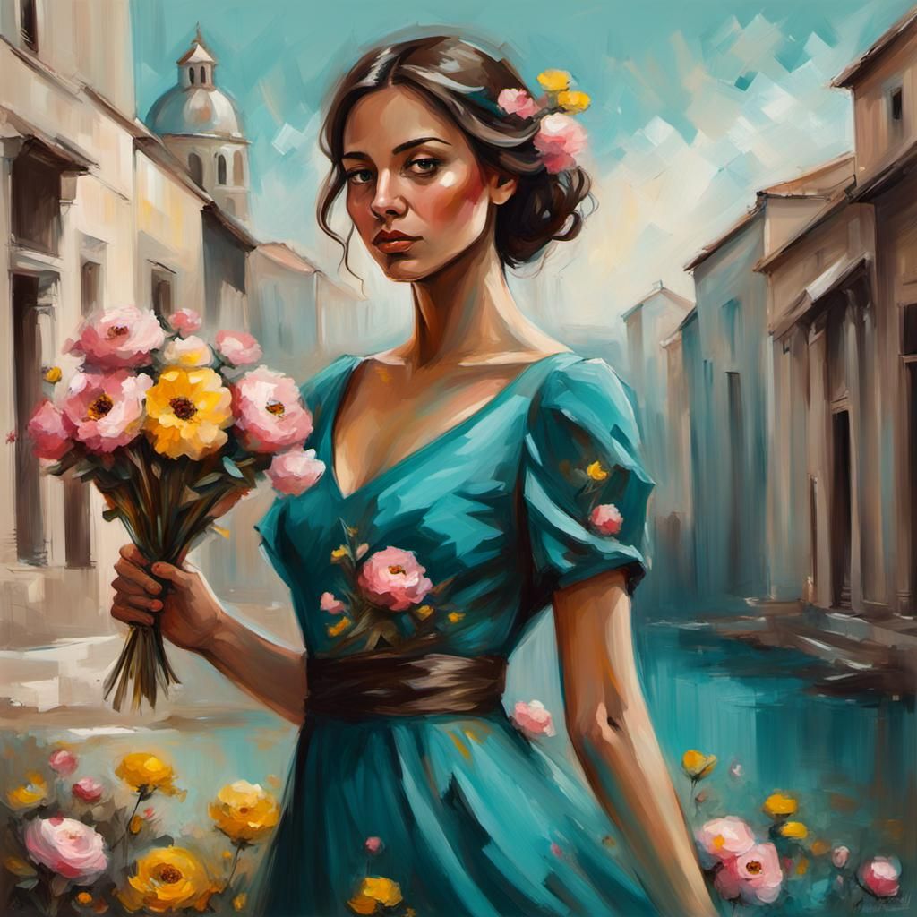 Girl in Turquoise Dress Holding Flowers