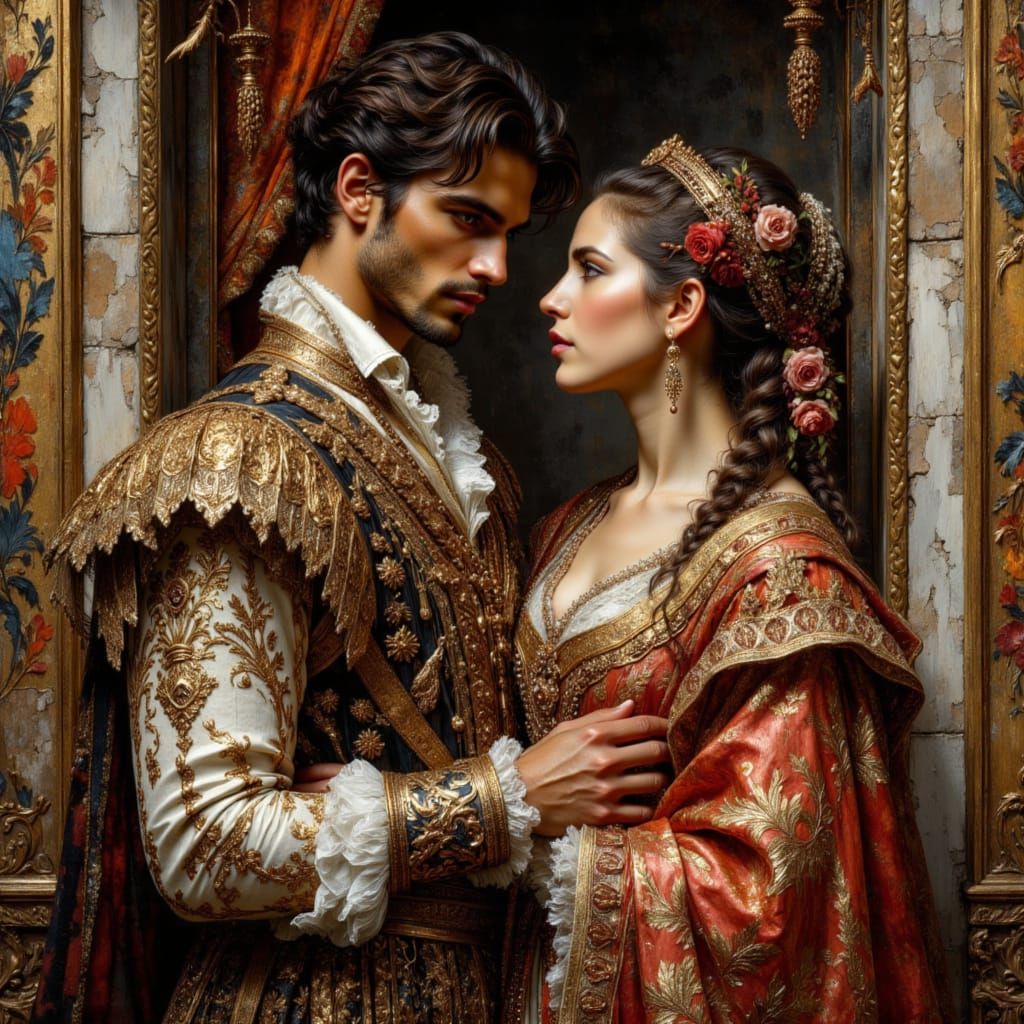 Italian Couple in Lavish Costumes as Impasto Painting