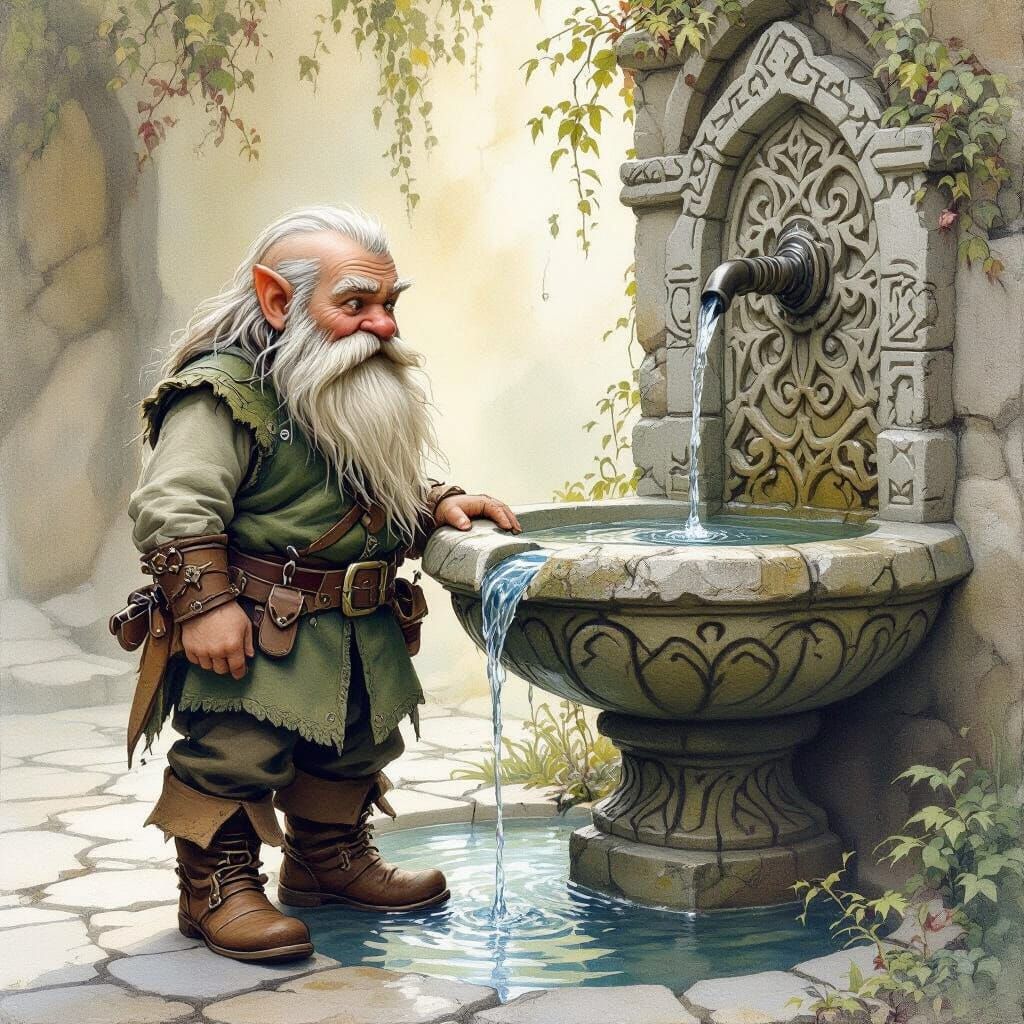 Dwarf and Fountain in a Classic Illustration Style