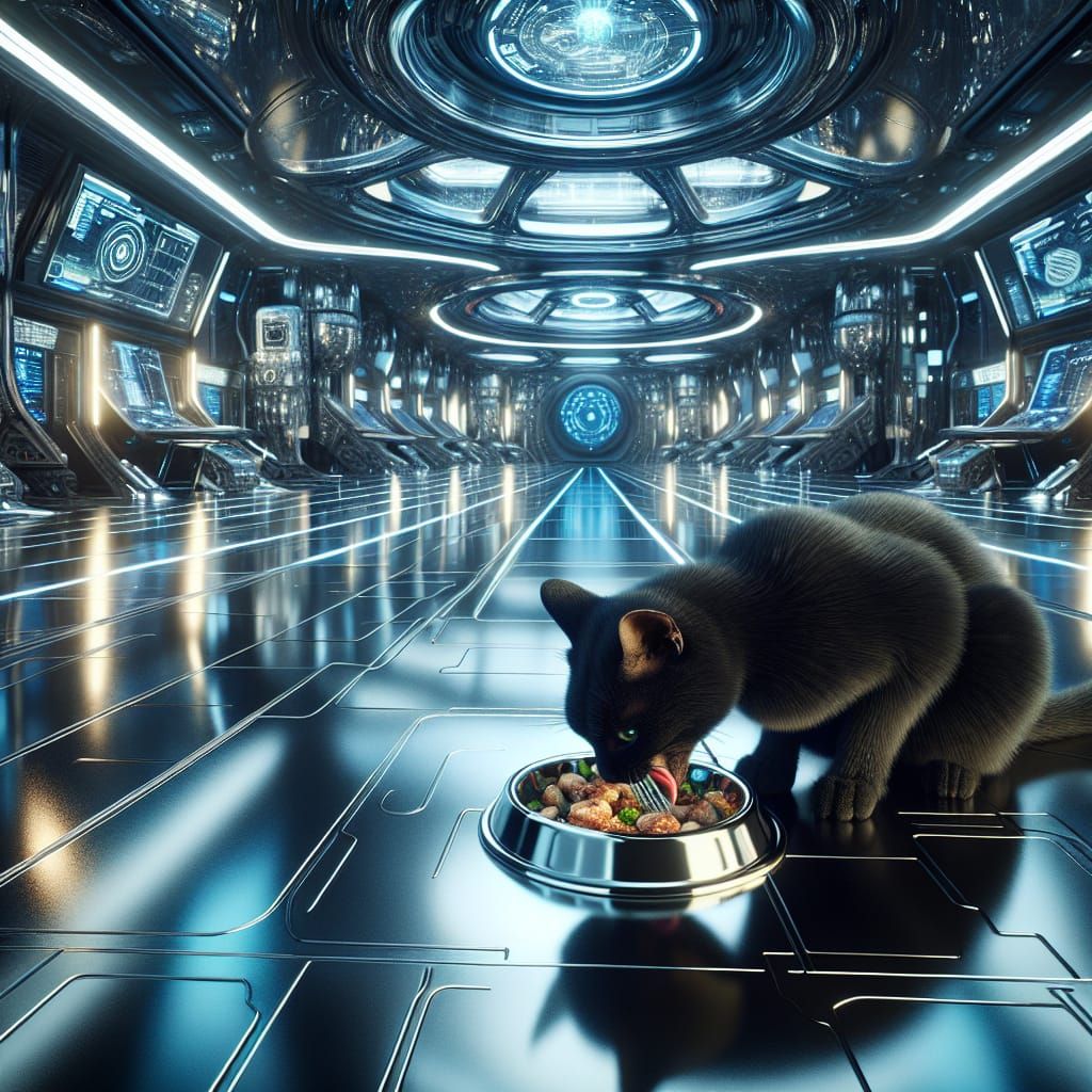 Futuristic Feline Feast in High-Tech Space Station