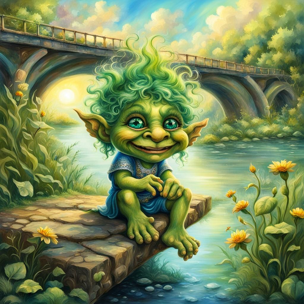 A Happy chibi Troll with huge green eyes sits by the river under a bridge in the style of Josephine Wall. heavenly sunsh...