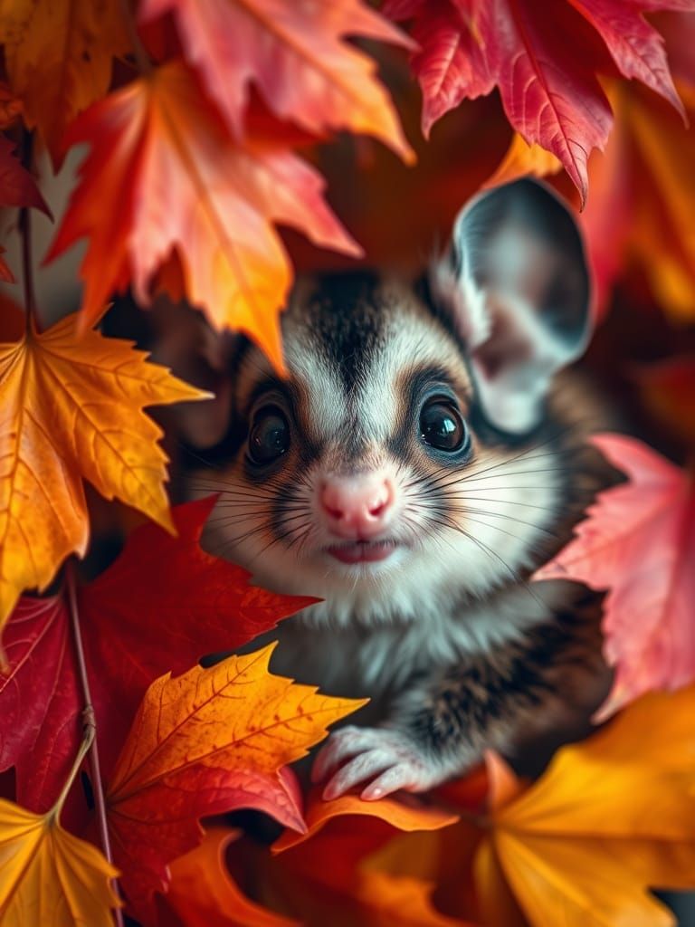Fluffy Sugar Glider Peeking From Autumn Leaves