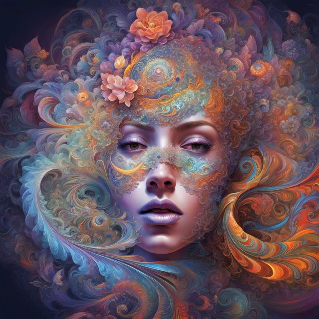 Hippie Woman Forms in Iridescent Fibonacci Spiral