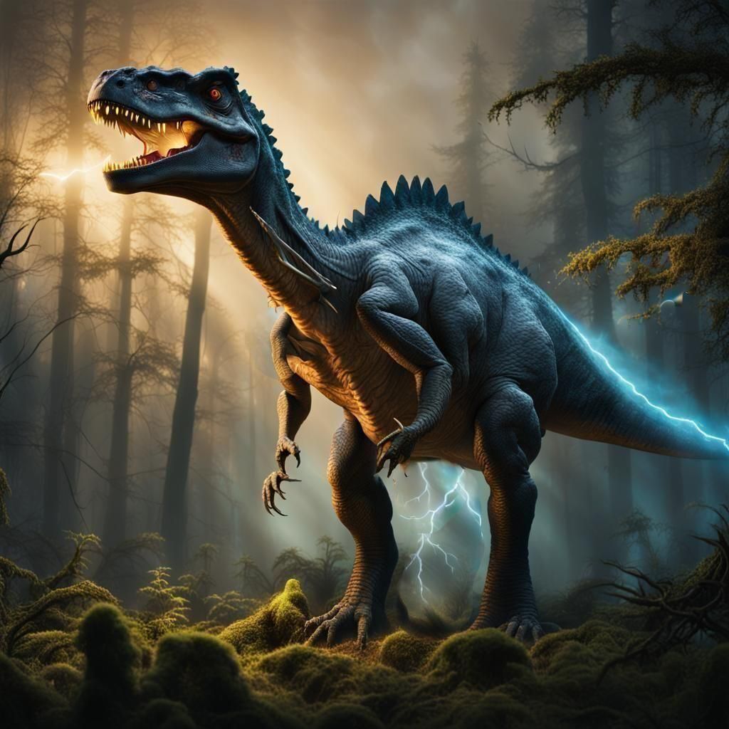 Dinosaur in Lightning Storm, Ethereal Fantasy Style