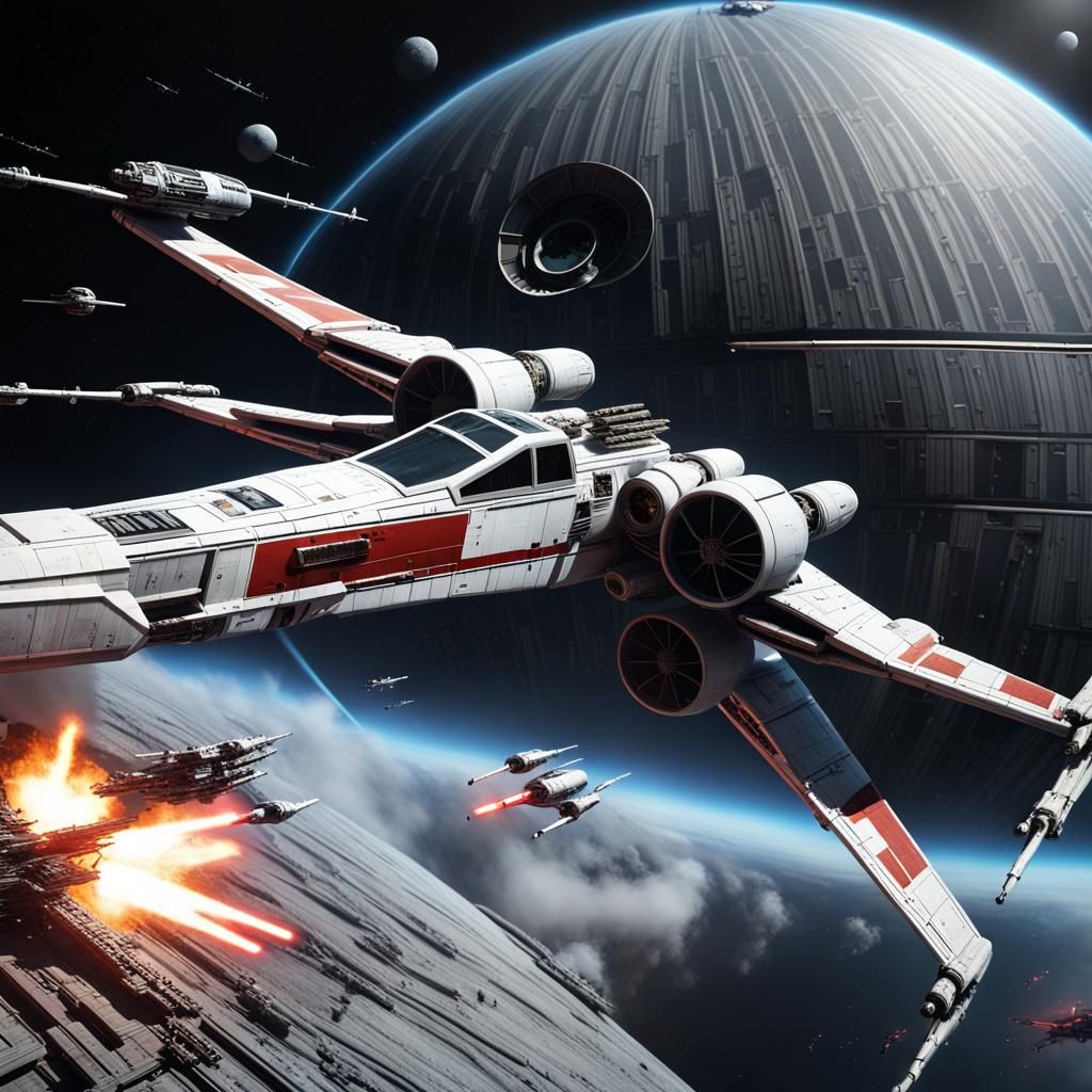 X-Wing Fighter Attacks Death Star in Detailed Matte Painting