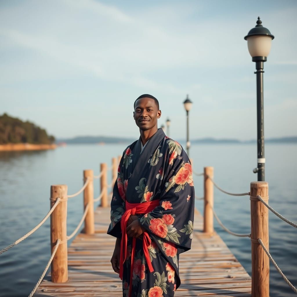 Man in Kimono on Lakeside Pier