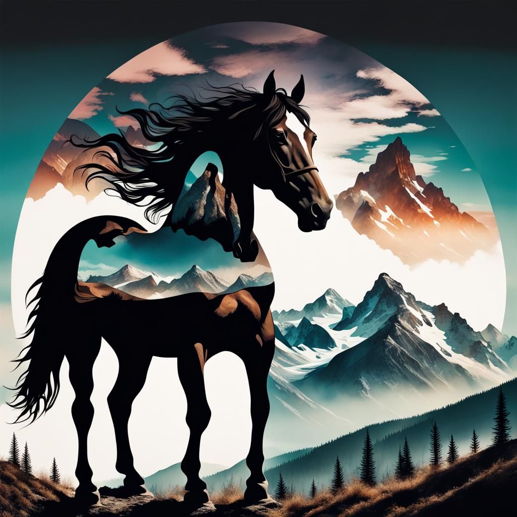 Majestic Horse Silhouette Collage in Surreal Style