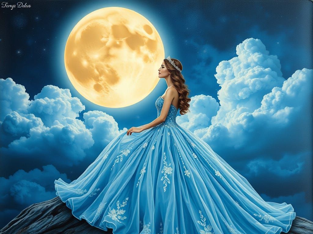 Princess on Anthropomorphic Moon in Art Deco Style