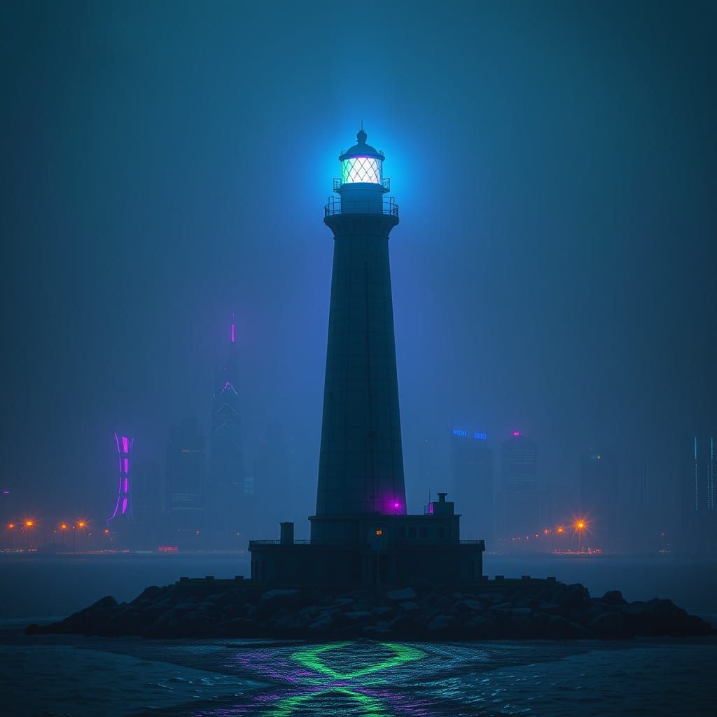 Vibrant Lighthouse Illuminates Urban Seascape in Neon Retro....