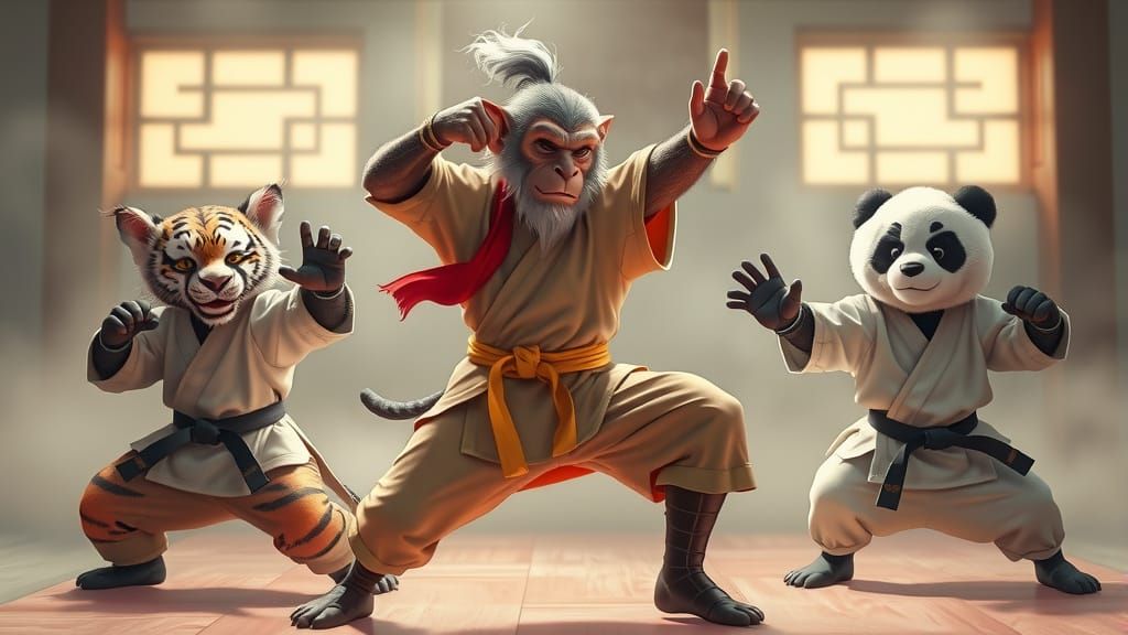 Monkey God, Tiger, and Panda in Karate Dojo